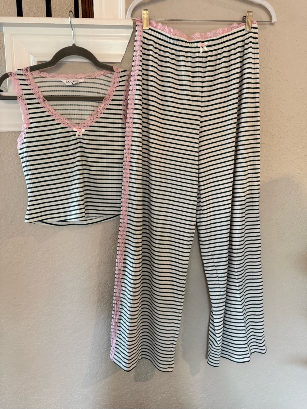 Lounge Striped Pajama Set with Pink Lace Trim